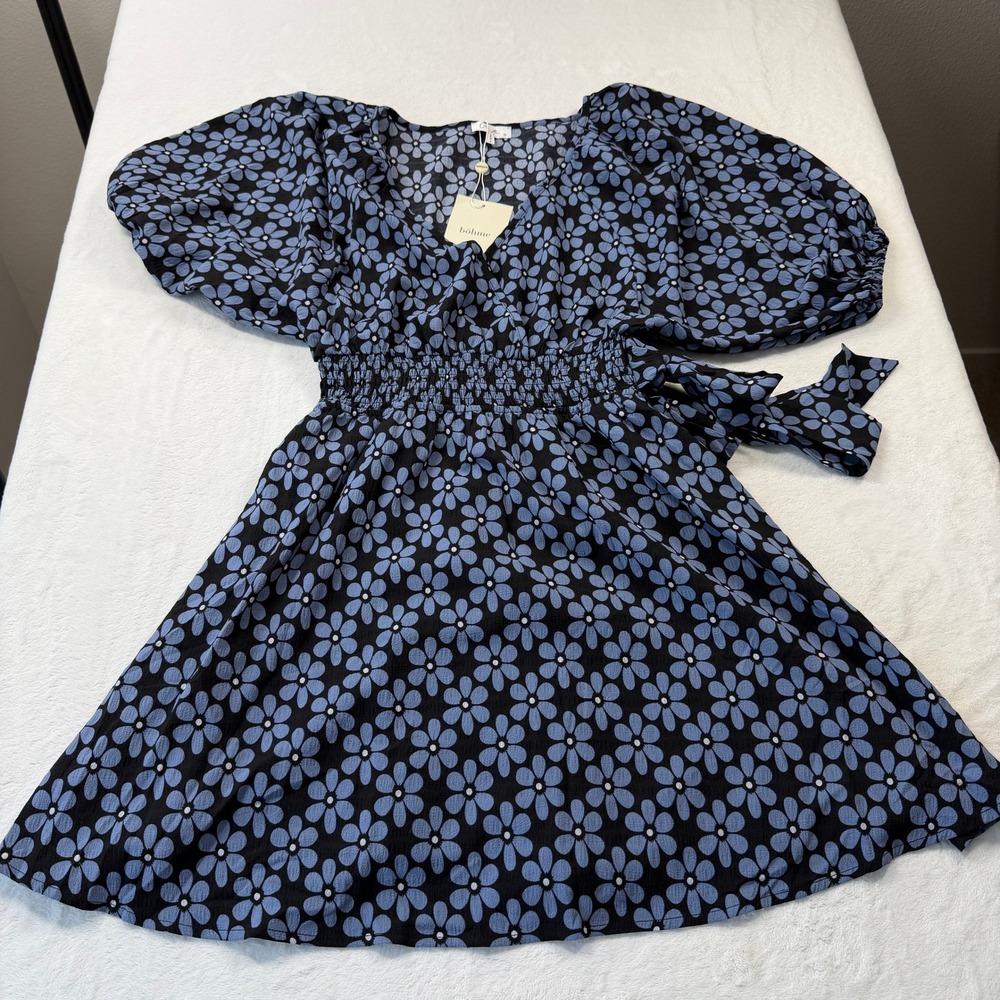 Böhme Calista Mini Dress Women S Blue Black Daisy Floral NWT Smocked Puff Sleeve